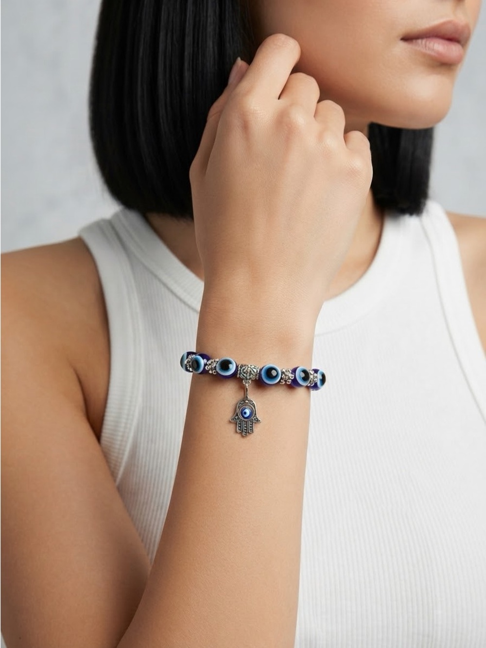 Blue Evil Eye Beaded Bracelet with Hamsa Charm | Stretch Protection Charm